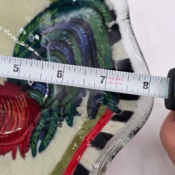 Vintage Peggy Karr Rooster Fluted Glass Bowl Signed Checkered Edge Metal Stand - Picture 8 of 10